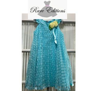 Rare Editions aqua lined lace dress with yellow rose at shoulder; girls' size 6X